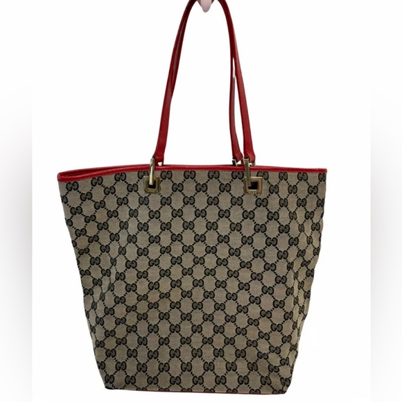 Gucci Handbags - GUCCI Logo GG Pattern Hand Tote Bag Canvas Leather Black Red Italy
